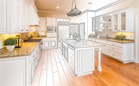 Beautiful Custom Kitchen Design Drawing and Gradated Photo Combination. Stock Photo - Budget Royalty-Free & Subscription, Code: 400-08432052