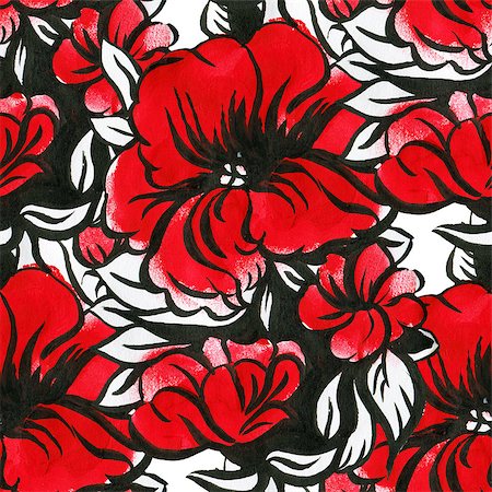 simsearch:400-08290626,k - Seamless pattern with watercolor flowers. Bright red flowers on a white background. Drawing with ink and watercolor. Stock Photo - Budget Royalty-Free & Subscription, Code: 400-08432208