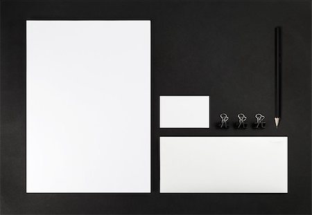 simsearch:400-06462302,k - Photo of blank stationery set on black background. Corporate identity template for design presentations and portfolios. Mock-up for branding identity. Top view. Stock Photo - Budget Royalty-Free & Subscription, Code: 400-08432267