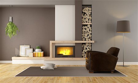 Brown lounge with minimalist  fireplace and vintage armchair - 3D Rendering Stockbilder - Microstock & Abonnement, Bildnummer: 400-08432335