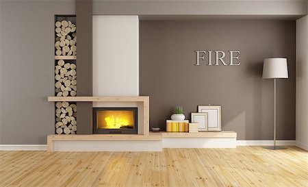 simsearch:400-06797947,k - Brown lounge with minimalist  fireplace, without furniture - 3D Rendering Stock Photo - Budget Royalty-Free & Subscription, Code: 400-08432336