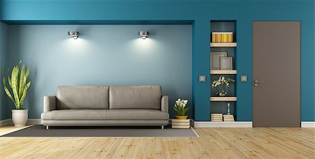 simsearch:400-06795753,k - Blue and brown modern livingroom with sofa, niche and closed door - 3D Rendering Stock Photo - Budget Royalty-Free & Subscription, Code: 400-08432333