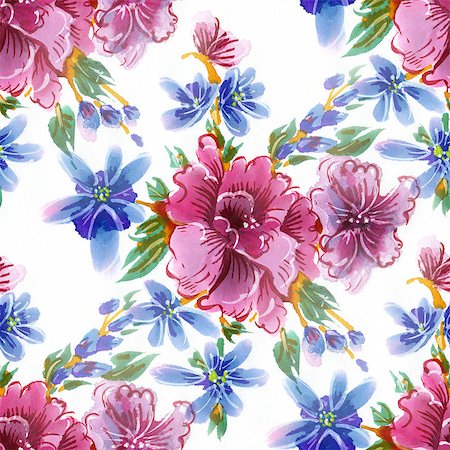 simsearch:400-08285670,k - Blue and red flowers on a white background.   Watercolor illustration. Foto de stock - Super Valor sin royalties y Suscripción, Código: 400-08432509