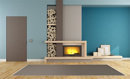 simsearch:400-06797947,k - Blue and brown contemporary living room with fireplace and closed door - 3D Rendering Stock Photo - Budget Royalty-Free & Subscription, Code: 400-08432560