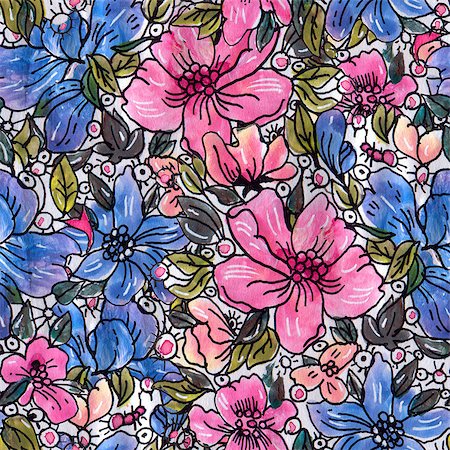 simsearch:400-08290626,k - Seamless pattern with blue and pink watercolor flowers.  Drawing with ink and watercolor. Stock Photo - Budget Royalty-Free & Subscription, Code: 400-08432653