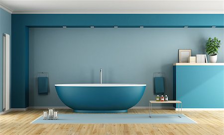 simsearch:6102-08726973,k - Blue modern bathroom with contemporary bathtub - 3D Rendering Fotografie stock - Microstock e Abbonamento, Codice: 400-08432878