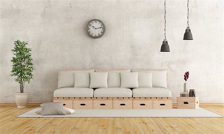 simsearch:400-08554639,k - White living room with couch constructed with wooden boxes and pallets - 3D Rendering Stock Photo - Budget Royalty-Free & Subscription, Code: 400-08432880