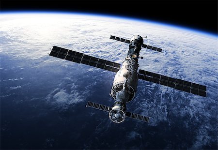 simsearch:400-07934066,k - Space Station Orbiting Earth. Realistic 3D Scene. Foto de stock - Royalty-Free Super Valor e Assinatura, Número: 400-08432992