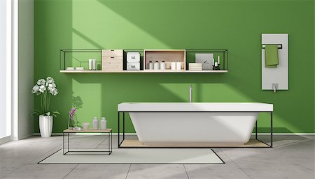 simsearch:6102-08726973,k - Minimalist green bathroom with bathtub,sideboard and white heater - 3D Rendering Fotografie stock - Microstock e Abbonamento, Codice: 400-08433108