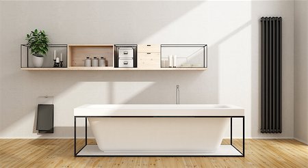 simsearch:6102-08726973,k - Minimalist white bathroom with bathtub,sideboard and black vertical heater - 3D Rendering Fotografie stock - Microstock e Abbonamento, Codice: 400-08433109