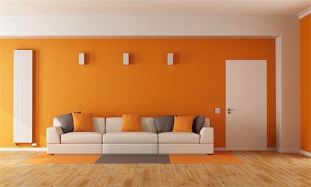 simsearch:400-06795753,k - Modern orange living room with white sofa and closed door - 3D Rendering Stock Photo - Budget Royalty-Free & Subscription, Code: 400-08433114