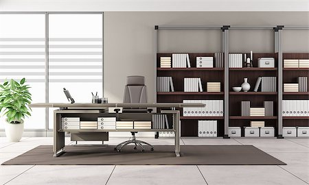 Contemporary office with leather desk and bookcase - 3D Rendering Photographie de stock - Aubaine LD & Abonnement, Code: 400-08433117
