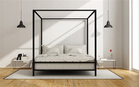 simsearch:400-07796866,k - White bedroom with canopy bed in minimalist style - 3D Rendering Stock Photo - Budget Royalty-Free & Subscription, Code: 400-08433110