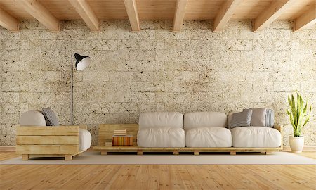 simsearch:400-08554639,k - Modern living room with pallet sofa,stone wall and wooden ceiling - 3D Rendering Stock Photo - Budget Royalty-Free & Subscription, Code: 400-08433112