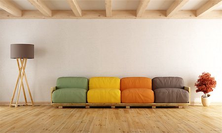 simsearch:400-08554639,k - White living room with colorful pallet sofa and wodden ceiling - 3D Rendering Stock Photo - Budget Royalty-Free & Subscription, Code: 400-08433297