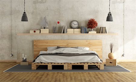 simsearch:400-06086270,k - Bedroom with concrete wall, pallett bed and vintage objects on shelf - 3D Rendering Stock Photo - Budget Royalty-Free & Subscription, Code: 400-08433291
