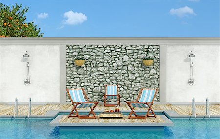 pilaster - Garden with stone wall, swimming pool,deck chair and shower  in a sunny day - 3d Rendering Stockbilder - Microstock & Abonnement, Bildnummer: 400-08433428
