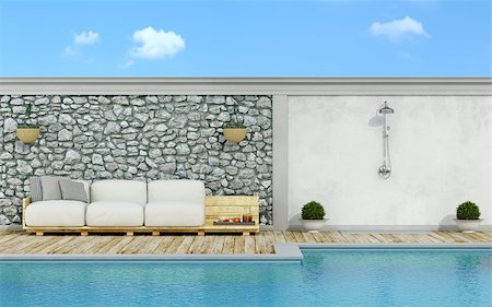 simsearch:400-08554639,k - Garden with stone wall, swimming pool,pallet sofa and shower  in a sunny day - 3d Rendering Stock Photo - Budget Royalty-Free & Subscription, Code: 400-08433429