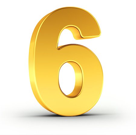 The number six as a polished golden object over white background with clipping path for quick and accurate isolation. Stock Photo - Budget Royalty-Free & Subscription, Code: 400-08433486