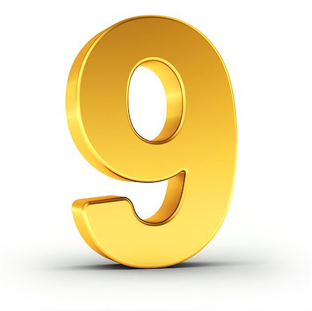 The number nine as a polished golden object over white background with clipping path for quick and accurate isolation. Foto de stock - Royalty-Free Super Valor e Assinatura, Número: 400-08433489