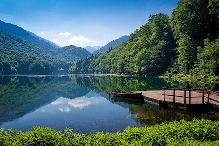 steffus (artist) - Biogradska gora national park landscape. Beautiful lake surrounded by hills and mountains with wooden pier and boats for rent. Montenegro. Fotografie stock - Microstock e Abbonamento, Codice: 400-08433588