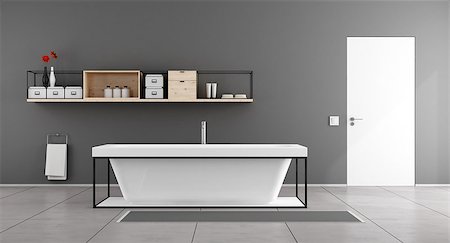 simsearch:6102-08726973,k - White and gray  minimalist bathroom with bathtub,sideboard on wall and closed door - 3D Rendering Fotografie stock - Microstock e Abbonamento, Codice: 400-08433601