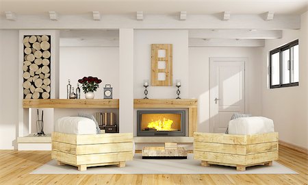 simsearch:400-06797947,k - Rustic room with fireplace and two pallet armchair - 3D Rendering Stock Photo - Budget Royalty-Free & Subscription, Code: 400-08433602