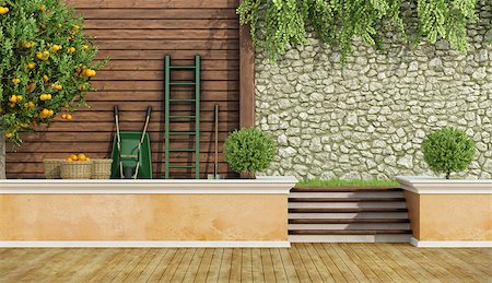 simsearch:400-07429824,k - Garden in country style with garden tools and orange tree 3D Rendering Stock Photo - Budget Royalty-Free & Subscription, Code: 400-08433612