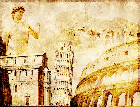 Grunge background with paper texture and landmarks of Italy - volcano Mount Vesuvius, Leaning Tower of Pisa, Colosseum, Michelangelo's David Photographie de stock - Aubaine LD & Abonnement, Code: 400-08433700