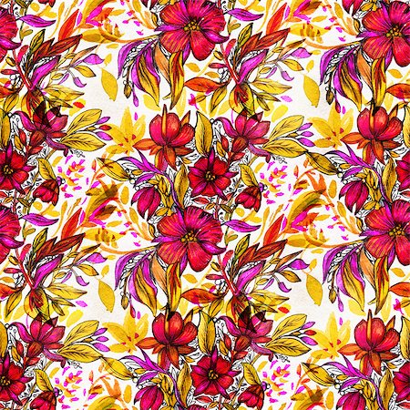 simsearch:400-08290626,k - Seamless pattern with  red watercolor flowers.  Drawing ink and watercolor. Stock Photo - Budget Royalty-Free & Subscription, Code: 400-08433880