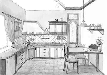 egnismoore (artist) - Interior of a cute kitchen in watercolor, vector illustration Photographie de stock - Aubaine LD & Abonnement, Code: 400-08494003