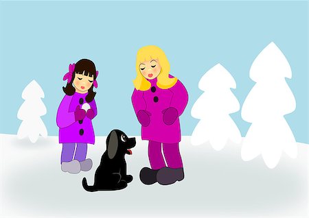 dogs and kids playing snow - Two girls standing out i the snow with a brown puppy. Stock Photo - Budget Royalty-Free & Subscription, Code: 400-08494389