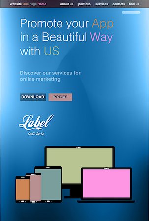 simsearch:400-08645953,k - One Page Clear Modern Website template for an App showcase with smartphone and tablets flat style icons ans space for text. Stock Photo - Budget Royalty-Free & Subscription, Code: 400-08494445