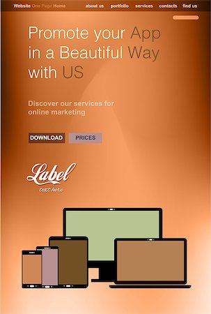 simsearch:400-08645953,k - One Page Clear Modern Website template for an App showcase with smartphone and tablets flat style icons ans space for text. Stock Photo - Budget Royalty-Free & Subscription, Code: 400-08494446