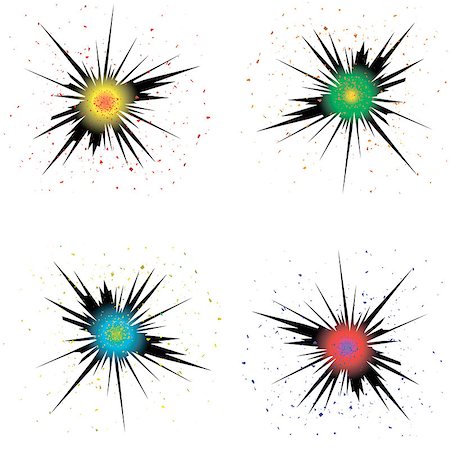 simsearch:400-04231682,k - Set of Colorful Bursts. Explode Flash, Cartoon Explosion Effect with Smoke. Bomb Comic. Star Explosion with Particles Isolated on White Background Photographie de stock - Aubaine LD & Abonnement, Code: 400-08494486