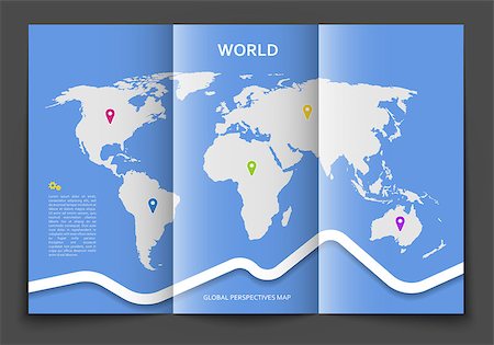 simsearch:400-08613337,k - Vector brochure design template with world map and geotags pointing on continents Stock Photo - Budget Royalty-Free & Subscription, Code: 400-08494664