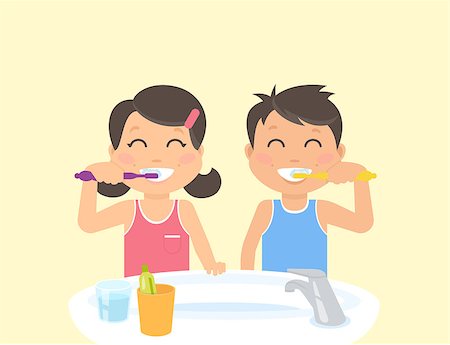 Happy kids brushing teeth standing in the bathroom near sink. Flat illustration of children teeth care and healthy lifestyle and hygiene Stock Photo - Budget Royalty-Free & Subscription, Code: 400-08495008