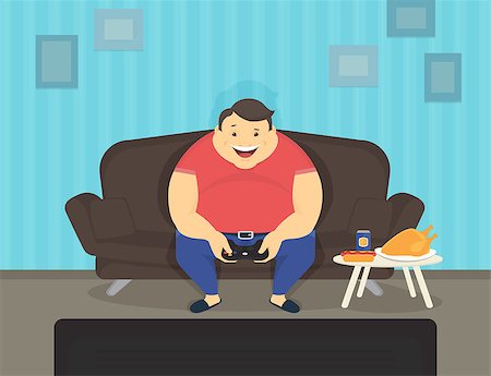 esports - Fat man sitting at home on the sofa playing video games and eating. Flat illustration of e-sport and unhealthy lifestyle Stock Photo - Budget Royalty-Free & Subscription, Code: 400-08495015