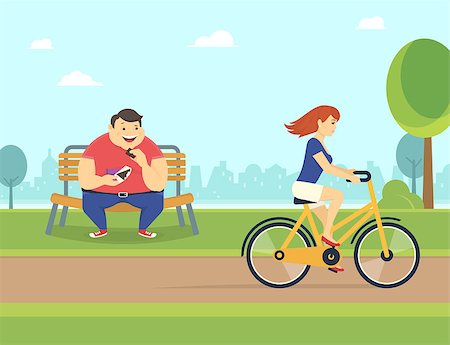 extreme bicycle vector - Happy fat man eating a chocolate sitting in the park on the bench  and looking at pretty woman riding a bicycle. Flat concept illustration of bad habits Stock Photo - Budget Royalty-Free & Subscription, Code: 400-08495016