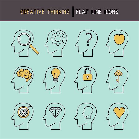 Flat line creative thinking human head icons of problem solving, goal targeting, achieving, creativity, strategic planning and learning. Photographie de stock - Aubaine LD & Abonnement, Code: 400-08495024