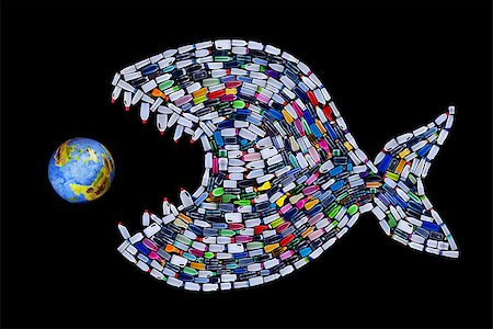 simsearch:400-06526953,k - Garbage destroying our world oceans and earth - concept with plastic bottles fish eating the planet Foto de stock - Super Valor sin royalties y Suscripción, Código: 400-08495029