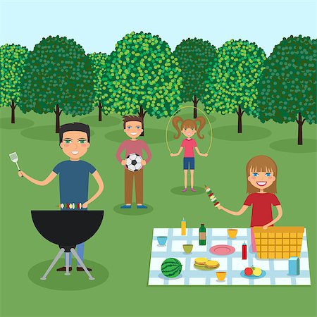 father child son grill - Happy family at the picnic in countryside. Also available as a Vector in Adobe illustrator EPS 8 format. Stock Photo - Budget Royalty-Free & Subscription, Code: 400-08495263