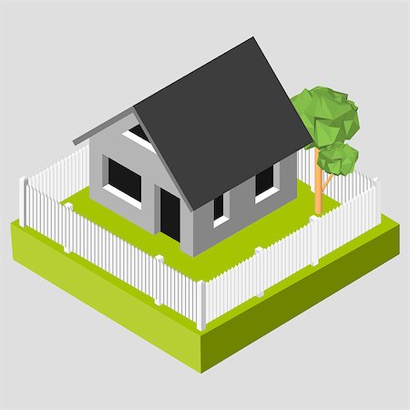 simsearch:400-08506415,k - Isometric 3D icon. Pictograms house with a white fence and trees. Vector illustration eps 10. Foto de stock - Super Valor sin royalties y Suscripción, Código: 400-08495380