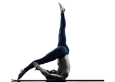 one caucasian man exercising pilates exercises fitness in silhouette isolated on white backgound Foto de stock - Super Valor sin royalties y Suscripción, Código: 400-08495407