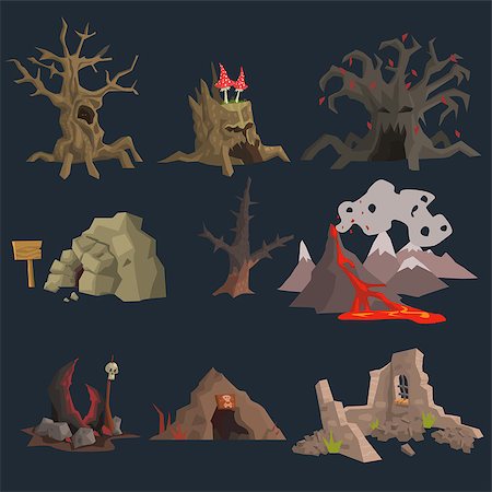 simsearch:400-08934242,k - Swamp, Tree and Cave Game Vector Set Stock Photo - Budget Royalty-Free & Subscription, Code: 400-08495721