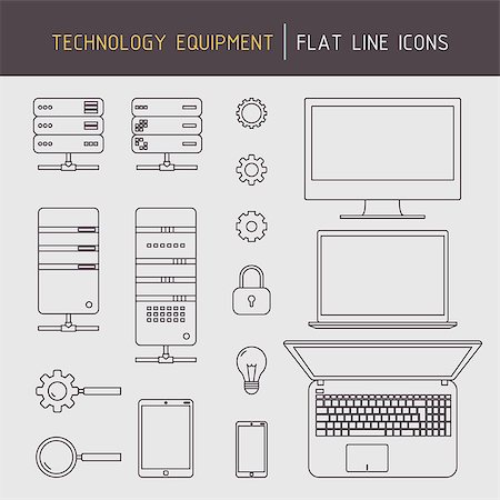 simsearch:400-07221808,k - Flat line technology equipment icons of computer, laptop, server, mobile devices and data related elements Photographie de stock - Aubaine LD & Abonnement, Code: 400-08496237