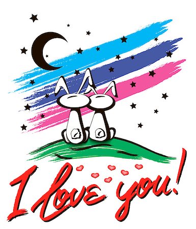 I love you. sitting Bunnies in love  looking at the starry sky. Vector illustration Photographie de stock - Aubaine LD & Abonnement, Code: 400-08496578