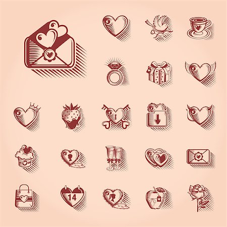 Happy Valentines Day engraved retro icons set Photographie de stock - Aubaine LD & Abonnement, Code: 400-08496751