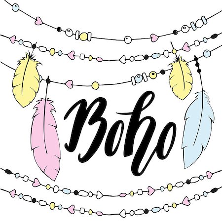simsearch:400-08349890,k - Hand drawn sign in boho style with handdrawn feathers and beads. Vector illustartion. Lettering Stock Photo - Budget Royalty-Free & Subscription, Code: 400-08496856
