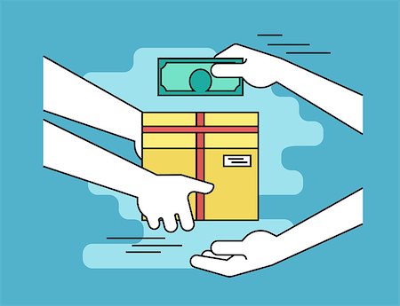 Payment by cash for express delivery. Flat line contour illustration of human hand holds a carton box and other man giving money to courier for the shipping service Stock Photo - Budget Royalty-Free & Subscription, Code: 400-08496852